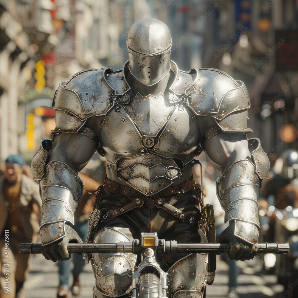 Bodybuilder Knight Amidst Urban Bustle A Fusion of Strength and Modernity