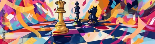 An illustrated version of a gold queen and a fallen black king on a chessboard
