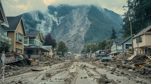 A mountainside gives way, triggering a landslide that buries homes and roads beneath a cascade of earth and debris. photo