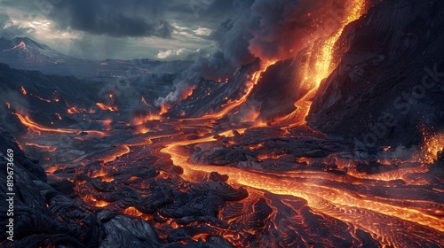 Lava flows from a volcanic eruption, engulfing the landscape in molten rock and ash. photo
