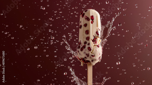 Red bean ice cream on a stick on a monochromatic maroon background with water droplets splashing around photo