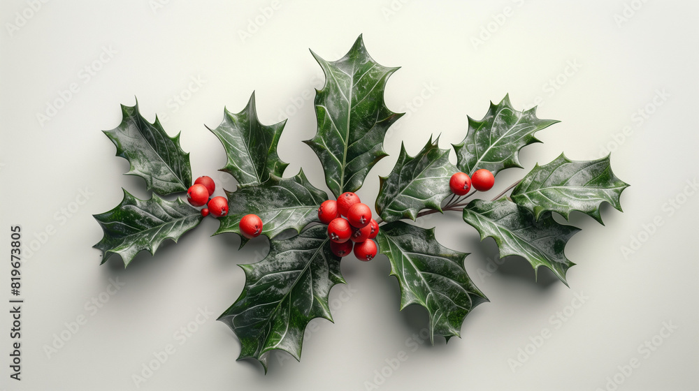 Sprig of Christmas holly with red berries isolated on a white background. Sprig of green holly and ripe red berries. Holly Christmas decoration. Clipping path included. Holly plant. Sprig of Christmas holly with red berries isolated on a white background. Sprig of green holly and ripe red berries. Holly Christmas decoration. Clipping path included. Holly plant.
