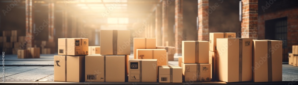 A large stack of cardboard boxes in a warehouse with a bright light in the background. A large stack of cardboard boxes in a warehouse with a bright light in the background.