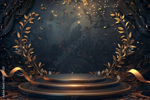 An illustration of a golden podium with laurel wreaths, a flowing ribbon, and sparkling particles, all set against a dark, textured background with intricate patterns photo