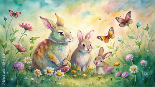 Charming watercolor painting depicting a family of rabbits nibbling on fresh clover in a sun-dappled meadow  while butterflies flit among the wildflowers in the warm spring air