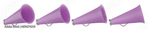 set of 3d non-electric megaphones with transparent background, PNG, 3d render speaker, purple bullhorn