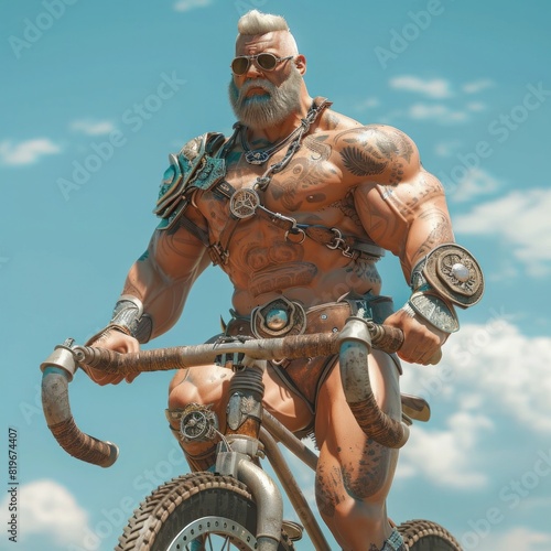 Ancient Warriors Unlikely Transport A Bodybuilder in Armor Riding a Bicycle on a Sunny Day