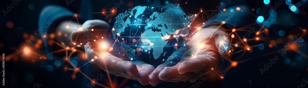 Hands gently holding a glowing, digital map of the world with interconnected points and lines, symbolizing global connectivity, set against a dark, blurred background Hands gently holding a glowing, digital map of the world with interconnected points and lines, symbolizing global connectivity, set against a dark, blurred background