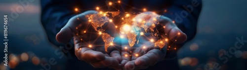 Hands gently holding a glowing, digital map of the world with interconnected points and lines, symbolizing global connectivity, set against a dark, blurred background