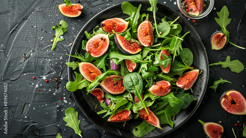 Salad with arugula, figs, spinach on a black background. Top view. 