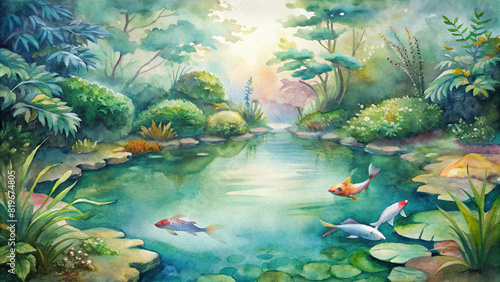A watercolor painting of a tranquil pond surrounded by lush vegetation, with colorful koi fish swimming gracefully in the water. photo