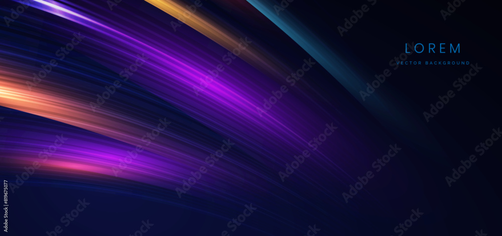 Abstract futuristic neon geometric glowing blue and red curved light lines with speed motion blur effect on dark blue background. Abstract futuristic neon geometric glowing blue and red curved light lines with speed motion blur effect on dark blue background.