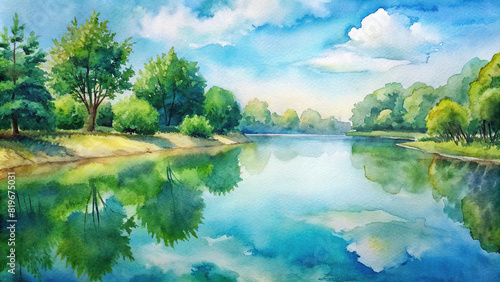 A watercolor painting of a peaceful riverside scene  with lush green trees reflected in the clear waters and a blue sky overhead.