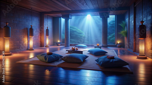 Tranquil meditation room with floor cushions and soft lighting, a serene oasis for mindfulness photo