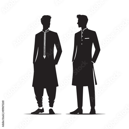 Men Salwar Kameez Silhouette- Capturing the Timeless Beauty and Cultural Heritage of South Asian Traditional Attire- Minimalist Men Salwar Kameez Vector - Men Salwar Kameez Illustration.