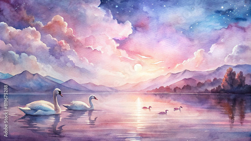 A serene lakeside scene with a family of swans gliding gracefully on the water, under a watercolor-painted sky tinged with shades of pink and purple photo