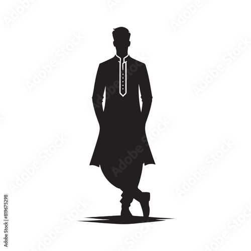 Men Salwar Kameez Silhouette- Capturing the Timeless Beauty and Cultural Heritage of South Asian Traditional Attire- Minimalist Men Salwar Kameez Vector - Men Salwar Kameez Illustration.