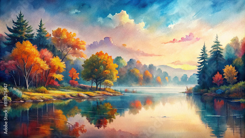 A picturesque scene of a tranquil lake surrounded by colorful autumn foliage, with a watercolor-painted sky reflecting in the calm water