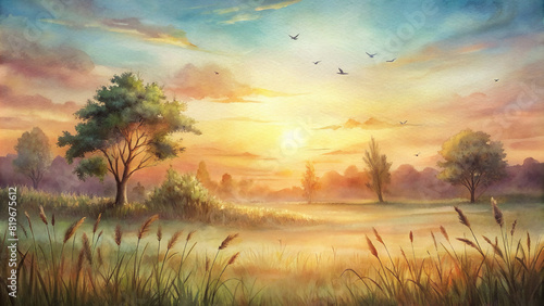 A peaceful pastoral scene of a tranquil meadow basking in the warm glow of the setting sun, with a gentle breeze rustling through the tall grasses and a flock of birds soaring high overhead photo