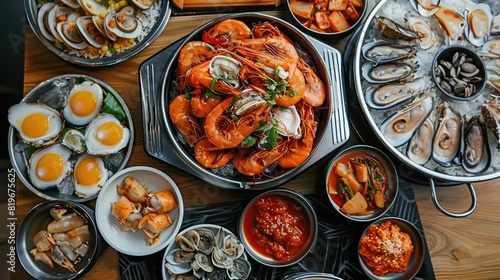 Korean Food on the Table, Seafood, Hot Food. Generative AI