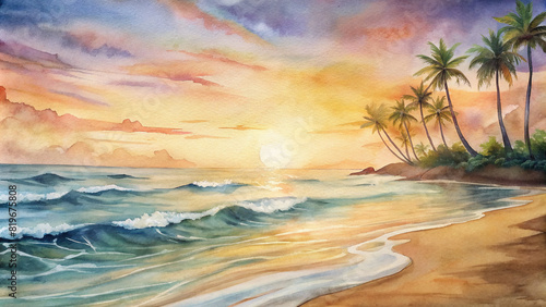 A watercolor illustration of a tranquil beach at sunrise, with palm trees swaying gently in the breeze and waves lapping the shore.