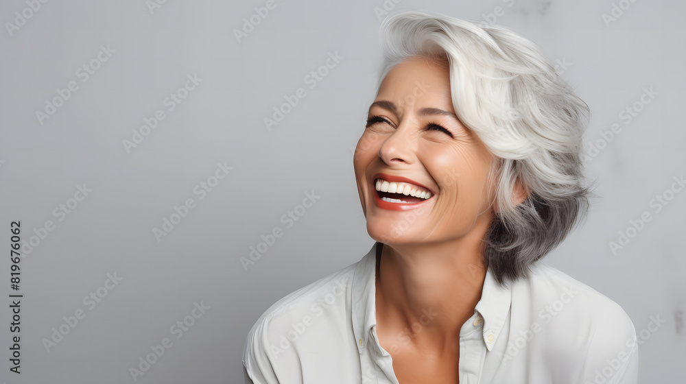 Joyful mature woman with a radiant smile. A mature woman with silver hair laughs joyously, showcasing happiness and positivity against a soft grey background. Joyful mature woman with a radiant smile. A mature woman with silver hair laughs joyously, showcasing happiness and positivity against a soft grey background.