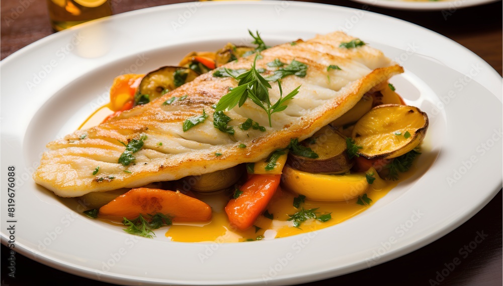 Sole meunière, sole à la meunière, classic French fish dish, served with hot melted butter, lemon juice and parsley Sole meunière, sole à la meunière, classic French fish dish, served with hot melted butter, lemon juice and parsley
