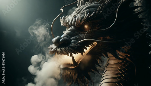 Close-up image of a fierce dragon, its scales shimmering in the light, with smoke curling from its nostrils and eyes glowing with ancient wisdom.