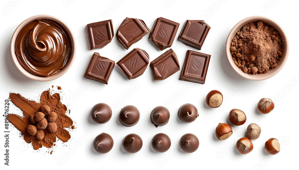 Yummy chocolate paste and hazelnuts on white background, top view. Collage design Yummy chocolate paste and hazelnuts on white background, top view. Collage design