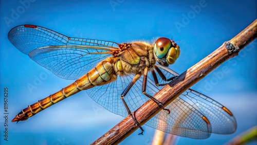 Detailed shot of a dragonfly perched on a twig, with clear blue sky in the background © prasit
