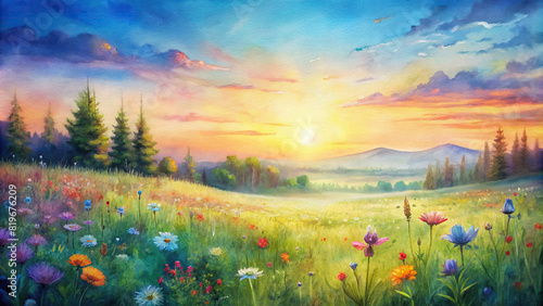 A serene meadow bathed in the warm glow of sunset, with wildflowers swaying gently in the breeze and a clear blue sky overhead photo