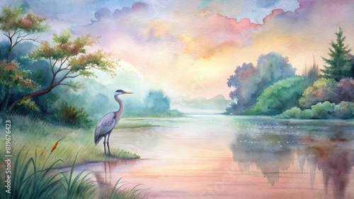 A tranquil riverside scene with a lone heron standing gracefully in the shallow water, surrounded by lush greenery and a watercolor-painted sky © Woonsen