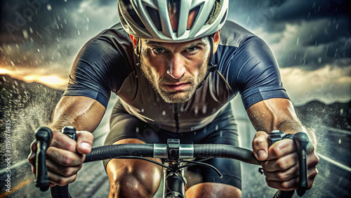 A serious cyclist's hands gripping the handlebars tightly as they navigate a challenging course, sweat glistening on their brow, showing their dedication to the ride