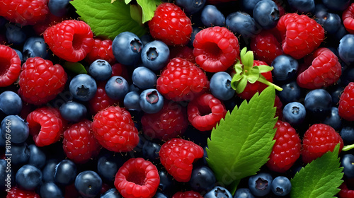 Ripe mixed berry medley background with fresh  juicy berries. Healthy food concept. Top view.