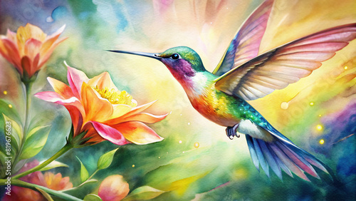 A close-up of a vibrant hummingbird hovering near a colorful flower in a sunlit garden, with its iridescent feathers shimmering in the light.