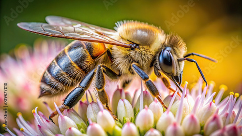Extreme close-up of a bee collecting nectar from a flower, with clear background, focusing on its proboscis and fuzzy body photo