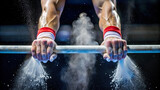Macro shot of a gymnast's chalked hands gripping the parallel bars, poised for a routine