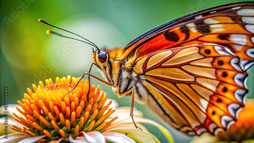 Extreme close-up of a butterfly's proboscis probing a flower, clear background photo