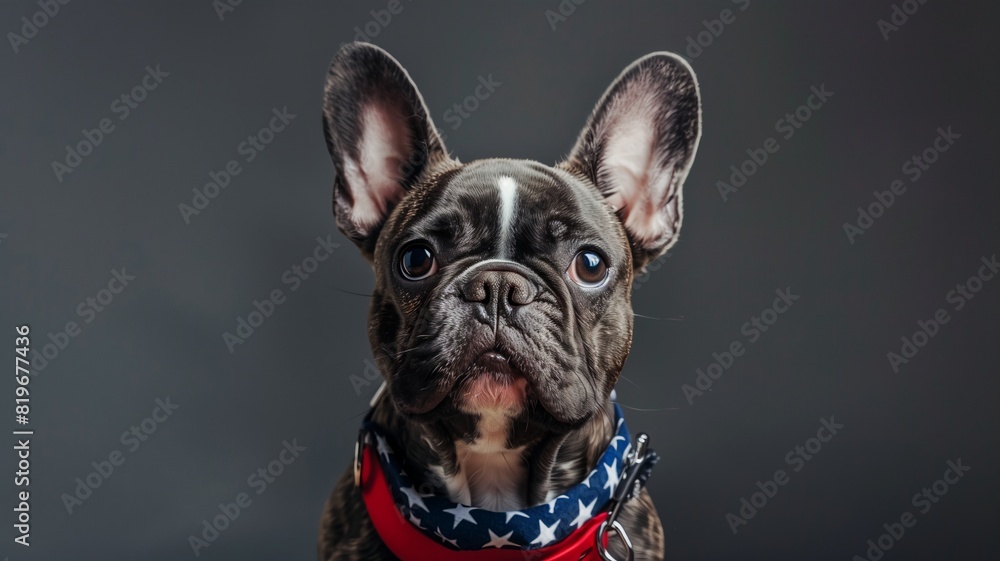 French Bulldog Model Wearing Red, White, and Blue Accessories Against a Grey Background for July Fourth