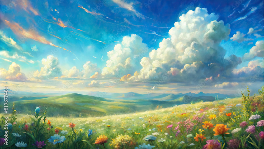 An expansive panorama of a sun-kissed meadow blanketed with colorful wildflowers, with fluffy clouds drifting lazily across the azure sky