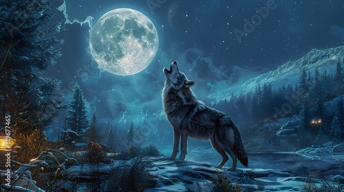 Lone Wolf Howling at the Mystical Moonlit Forest
