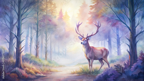 Majestic deer grazing peacefully in a sunlit forest clearing  with the soft hues of twilight casting a magical watercolor effect over the scene