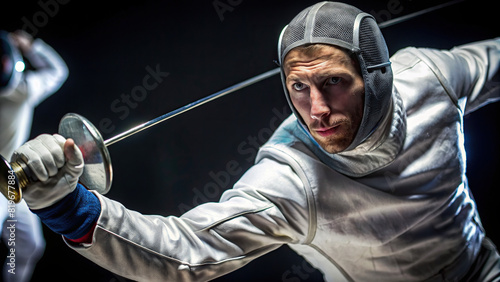 An intense close-up of a fencer lunging forward with their foil, their serious expression revealing their strategic approach to the duel