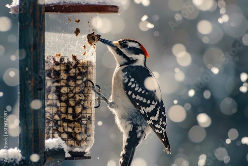 Downy Woodpecker pecking on a feeder photo