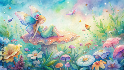 A dreamy illustration of a fairy resting on a mushroom in a magical meadow  surrounded by colorful flowers and sparkling watercolor butterflies