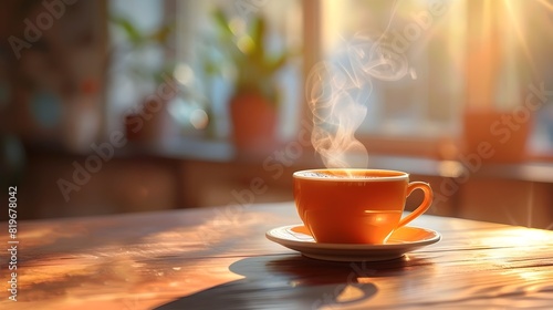 Steaming Cup of Fresh Brewed Coffee on Wooden Table by Sunlit Window