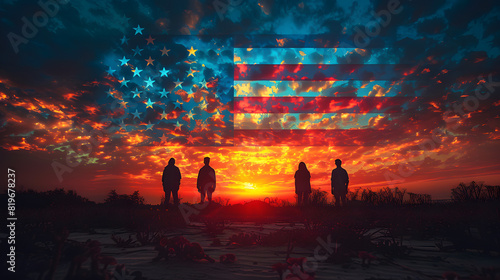 Silhouettes of people standing in front of an American flag backdrop. Conceptual photography for patriotic and national unity themes. Design for poster, banner, and header photo