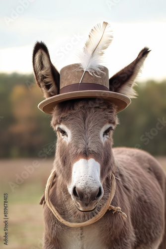 Portrait of a donkey with a hat with a feather