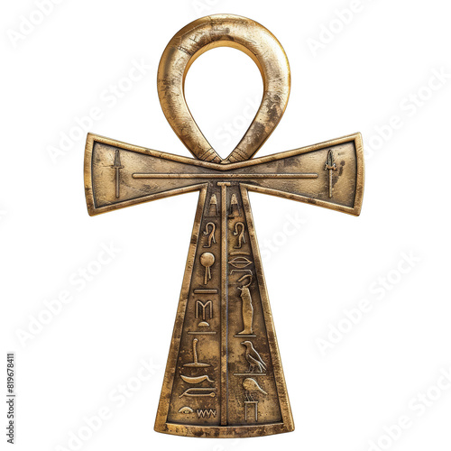 Ancient Egyptian Ankh symbol adorned with hieroglyphs, representing life. Gold metallic finish. Historical artifact, isolated on white background.