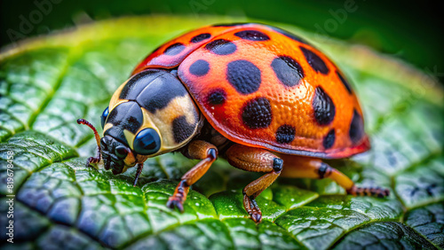 Macro close-up of a ladybug crawling on a leaf, showcasing intricate patterns and vivid colors